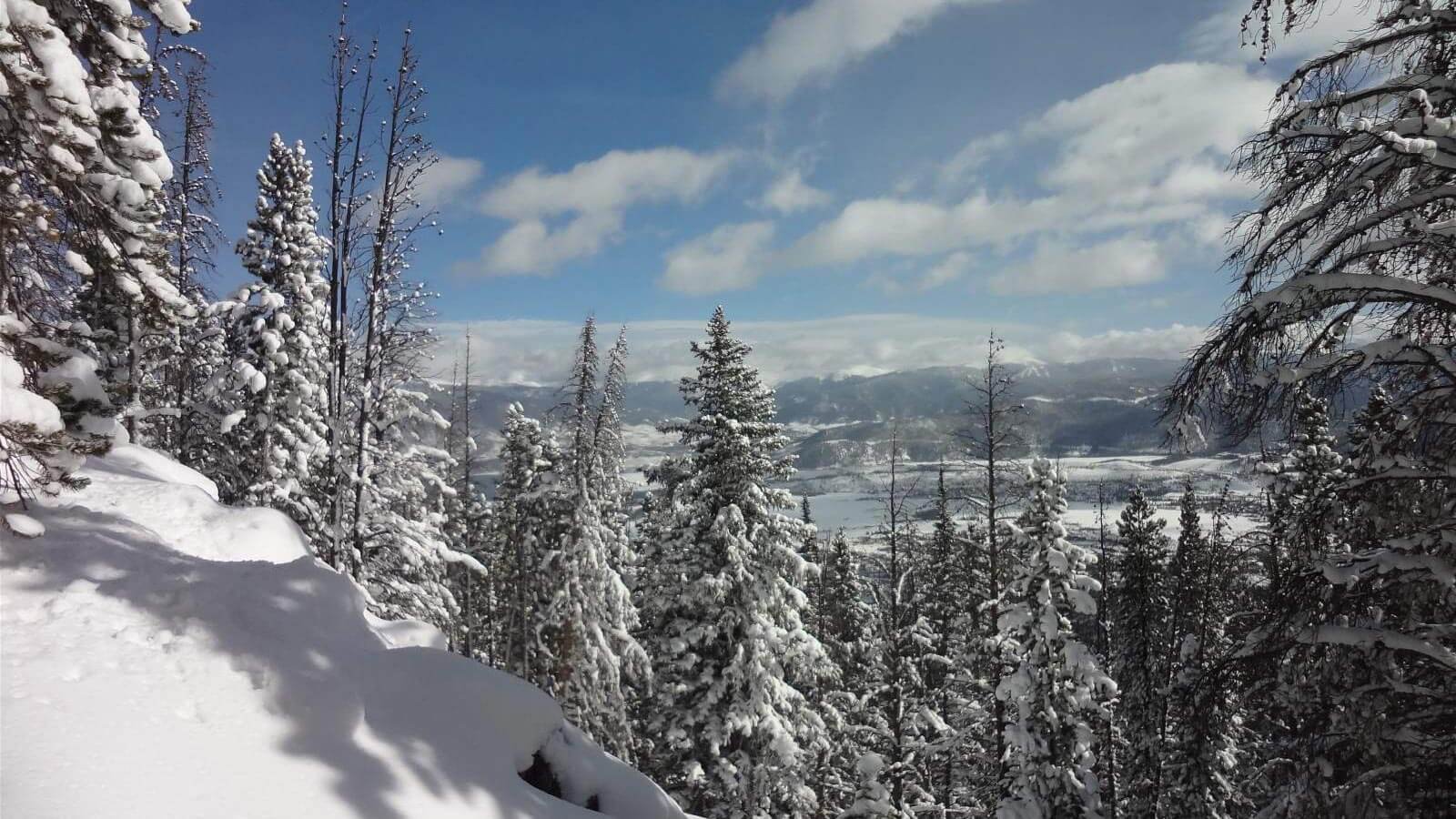 Snowy forest and mountain views from Chief Mountain in Frisco, Colorado, overlooking the valley on a clear winter day.