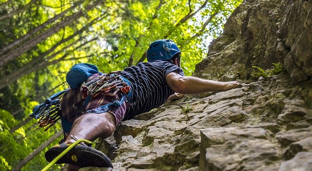 Rock climbing in forest